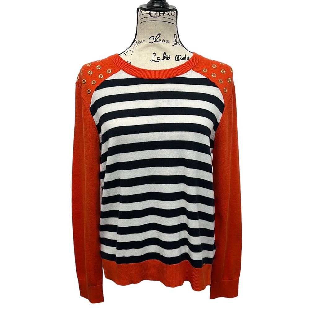 Michael Kors Orange White Black Striped Studded Crew Neck Knit Sweater NWT P/L